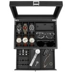 GUKA Watch box, 6 Slot Watch Case, 3 Slot Sunglass Organizer, Watch Cases for men with Real Glass Lid, Watch Organizer storage with Jewelry Case, Birthday for Men and Women, Black