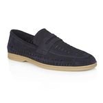 Silver Street London Mens Perth Navy Blue Suede Leather Step-in Loafer with Woven Panels-10