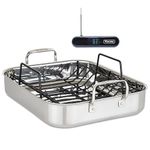 Viking Culinary 3-Ply Stainless Steel Roasting Pan and Rack with Bonus Instant Read Thermocouple Probe Thermometer, 16" x 13" x 3"