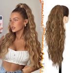 BARSDAR Drawstring Ponytail Extension - 26 Inch Long Curly Wavy Highlight Drawstring Ponytail Hair Extensions for Women - Synthetic Clip in Ponytail Hairpieces Fake Pony Tail - Dark Brown & Auburn