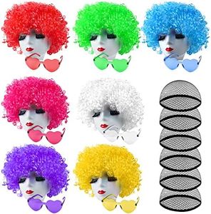 ELECLAND Lot de 7 perruques de fête 7 pièces Lunettes de soleil et bonnet de perruque, perruques afro bouclées néon Lot de lunettes de soleil Costume coloré cosplay perruque quotidienne