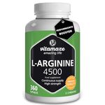 L-Arginine High Strength 4500 mg per Daily Dosage - 360 Capsules of 750 mg - Sport Performance Booster - Natural Supplement of Pure L Arginine Without Additives, German Quality- Vitamaze