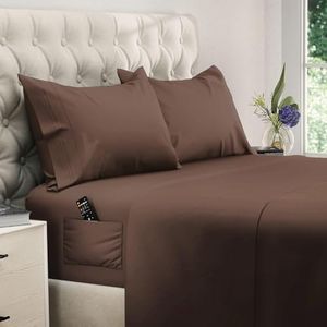 DREAMCARE King Size Sheets Set – 4 pcs Cooling Sheets – up to 21” Deep Pocket King Sheet Set – Hotel Luxury Sheets & Pillowcases – Superior Softness 100% Microfiber with Side Pocket - Mocha Brown