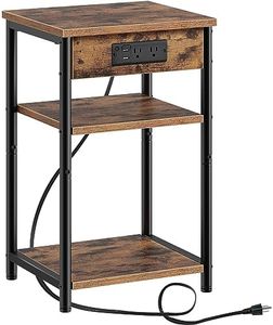 Rolanstar End Table with Charging Station, Night Stand with 3 Storage Shelves, Narrow Side Table with USB Ports & Power Outlets, Small Bedside Table for Living Room, Bedroom, Rustic Brown