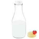 Kitchentoolz 32 Oz Round Glass Milk Bottle with Lids - Perfect Milk Container for Refrigerator - 32 Ounce Round Glass Milk Bottle with Tamper Proof Lid and Pour Spout - Pack of 1