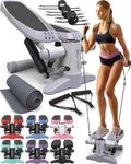 Mini Stepper & Stair Climber Machine - W/Resistance Bands Set - Built-in Monitor by Nordic Lifting - White/Grey