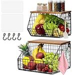 TIOYOTY Hanging Fruit Basket, Fruit Bowl Hanging Basket for Kitchen, Wall Fruit Basket with Wooden Lid, Fruit and Vegetable Basket for Counter, Onion and Potato Snack Bread Holder (Lagre and Small)