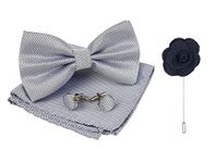 KRAWATTE Men's Microfiber Bow Tie Set with Pocket Square and Cufflinks (Silver)