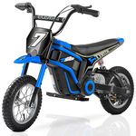 ELEMARA Electric Dirt Bike, 24V Electric Cars for Big Kids, 15 mph & 150lb Max, 250W Chain-Driven Motor Motorbike Ride on Toy W/Tail Lights, Bluetooth, Twist-Grip Throttle & Rear Brake, 12" Tires-Blue