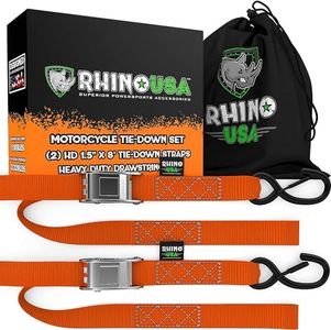 Rhino USA Motorcycle Tie Down Straps (2 Pack) Lab Tested 3,328lb Break Strength, Steel Cambuckle Tiedown Set with Integrated Soft Loops - Better Than a Ratchet Strap (Orange 2-Pack)