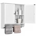 RELAX4LIFE Bathroom Wall Cabinet, Wall-Mounted Storage Cupboard with Double Doors, Adjustable Shelf & Towel Bar, Wooden Medicine Cabinet for Kitchen, Laundry, Living Room & Entryway (White)