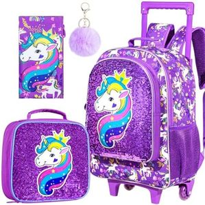 gxtvo Kids Rolling Backpack, Roller Wheels Boys Bookbag, Wheeled Suitcase Elementary School Bag-3PCS Dinosaur/Unicorn/Mermaid, Purple Unicorn Rolling Set, 3pc Unicorn Rolling Backpack Set