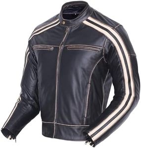 Chaqueta para motocicleta, modelo «The Bonnie», 100% piel de vacuno, color negro, rayas de color marfil