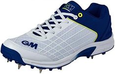 Gunn and Moore Gm Spike Cricket Shoes, Optimal Grip and Lightweight Feel, for Bowlers and Batsmen, Arch Support, for Adults and Youth Players, White/Blue/Fluro Yellow, Size 10 UK, 44.5 EU