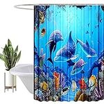 HEYOMART Shower Curtain Heavy Duty Polyester Fabric Waterproof Shower Curtain Liner, 3D Digital Painting Pattern for Shower Stall, Bathroom Curtains with 12 PCS Hooks (180x200cm, Ocean Dolphin)