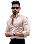 IndoPrimo Men's Casual Solid Satin Shirt for Men Full Sleeves - Crystal (X-Large, Cream)