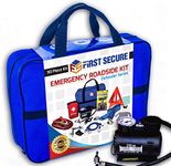 First Secure Car Emergency Kit with Roadside Assistance Jumper Cables Portable Air Compressor Tow Strap