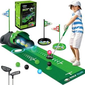 TERRAMUS Mini Golf Set Toy for Children, 14 Pieces Indoor Outdoor Golf Case Game Set with 2 Colourful Golf Clubs, 6 Balls, Putting Mat Toy for Boys