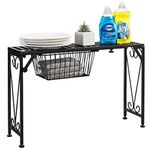 MyGift Black Metal Scrollwork Design Expandable Over-the-Sink Storage Organizer Shelf Rack w/Pull-Out Drawer