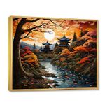 Asian Art framed wall art decor, Asian Art framed wall Art, Kyoto Autumn Asian Painting I, Extra large Global Gold framed wall art, 44x34 inches Gold Frame