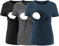 Liu & Qu Women's Maternity Nursing Tops Rib Short Sleeve Breastfeeding Shirts Maternity Clothes 3-Pack, Black/Black White Stripe /Royal Blue, Small