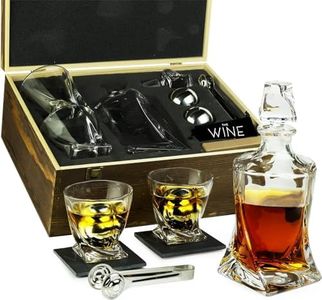 Whiskey Stones & Decanter Gift Set for Men & Women, By The Wine Savant, 2 XL Stainless Steel Whiskey Balls, 2 Twist Glasses, Whiskey Decanter, 2 Coasters, Freezer Pouch & Special Tongs in Pinewood Box