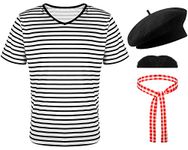 Zhanmai 4 Pcs French Men Mime Costume Black and White Stripe Neck Short Sleeve T Shirts Black Beret for Halloween Mardi Gras, White, Black, Red, X-Large