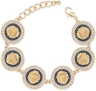 Women's Gold Plated Lion Head Linked Chain Bracelet Cute Animal Sparkly Hip Hop Colored Crystal Enamel Costume Party Jewelry (Black-02)