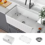 ELLAI Farmhouse Sink 30 Inch Fireclay Undermount Apron Front Elegant Farm Sink Single Bowl Kitchen Sink with Protective Bottom Grid and Strainer Gloss White