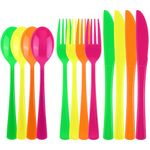 Kochorie 300 Pieces Neon Party Plastic Silverware Heavy Duty Plastic Cutlery Set Heavyweight Disposable Flatware Includes Neon Party Spoons Forks Knifes for Birthday Fiesta Neon Party Favors, 4 Colors