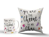 PRAMONITA Valentine Day Peach & Goma Printed Satin Cushion(12 * 12) with White Ceramic Mug(330ml) Gift for for His/Her Girlfriend, Boyfriend, Husband, Wife, Couple and Someone Special (A-88)