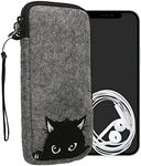 kwmobile Felt Phone Pouch Size XXL - 7" - Zippered Universal Bag with Zipper and Embroidered Design - Curious Cat Grey/Black