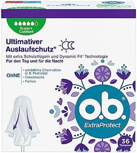 o.b. ExtraProtect Super + Comfort (36 unidades), tampones para días muy fuertes, tecnología Dynamic Fit y alas de protección extra para hasta un 100% de protección contra fugas durante el período