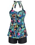 Swimming Costume Women Floral Two Piece Tankini Swimsuit Halter Ruffled Monokini Beachwear Green Floral M