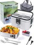 Buddew Electric Lunch Box 80W Food Heater 1.8L Large Capacity Heated Lunch Box 3 in 1 12V/24V/110V Portable Lunch Warmer for Car/Truck/Home/Office with Carry Bag and Fork and Spoon(Gray)