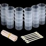 Belle Vous 24 Pack of Clear Epoxy Resin Mixing Measuring Cups - 100ml/3oz Reusable Transparent Cup Set - Includes 30 Wooden Sticks & 5 Plastic Spoons - for Arts, Crafts, Casting, Paint, Cooking & DIY