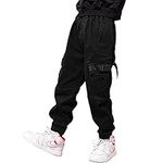 MEILONGER Boys Cargo Pants Cotton Casual Pants Loose Hiking Bottoms Elastic Cuffed Joggers(Black,10-12)