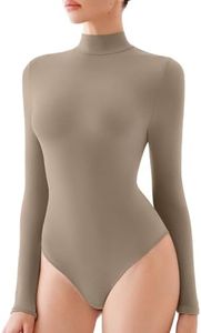REORIA Women's Long Sleeve Bodysuits Mock Turtleneck Slim Tight Double Lined Basic Layering Body Suits Tops Fall Winter Outfits 2026(Light Coffee Large)
