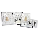 New Baby Unisex Boy Girl Gift 5 Piece Keepsake Set, First Photo Frame, Curl and Tooth Box, Handprint Footprint Prints Kit, Silver White