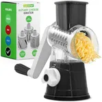 Nutrichef 3 in 1 Cheese Grater & Shredder | Strong Suction Base, Rotary Handle with Safety Lock | Includes Cleaning Brush, Hand Crank & 3 Drum Blades for 3 Textures, Fine, Medium & Strips | Black