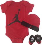 Jordan 3 Piece Layette Set for Baby Boy's and Girl's, Bodysuit/Hat/Booties (0-6 Months, Solid red)