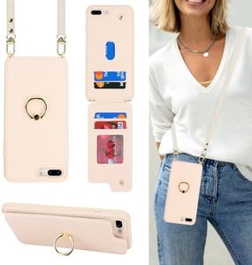 Lipvina for iPhone 7 Plus / 8 Plus Phone Case with Card Holder and Strap for Women,Crossbody Lanyard,Kickstand Ring Stand,Snap Clasp,Phone Wallet Cases 5.5 inch(Beige)