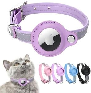 Airtag Cat Collar, Leather Collar, Reflective Adjustable GPS Airtag Case for Tracking Cat Anti-Loss, Airtag for Large/Medium/Small (XS, Purple)