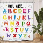 Kalmico ABC Alphabet Quotes Kids Shower Curtain 60Wx72L Inch Inspirational Positive Motivational Child Nursery Bathroom Set Accessories Decor with 12 Pack Hooks