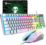 Wired Mechanical Feel Gaming Keyboard and Mouse Set Rainbow LED 104 Keys USB illuminated light up Keyboard 2400DPI 6 Buttons Optical Gaming Mouse Mice+Gaming Mouse Pads for PS4 Xbox PC Laptop White