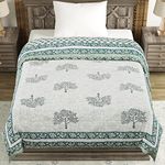 BLOCKS OF INDIA Cotton Single Size Quilt Hand Block Print For Light Winters (60X90 Inches) (Green Tree), Lightweight, 300 TC