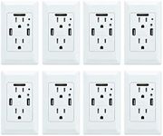 GREENCYCLE High Speed USB Charger Wall Outlet,15-Amp Duplex Receptacle,2 USB Charging Ports 4.2A and 2 Electrical AC Outlets, with Power-Saving Auto Nightlight Sensor and Wall Plates (White, 8 Pack)