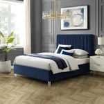 Inspired Home Alanis Platform Bed Upholstered Deep Channel Tufted Design Clear Acrylic Legs Slats Included No Box Spring Needed Velvet Navy, Queen