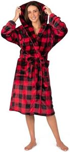 PAVILIA Plush Hooded Robe For Women | Buffalo Plaid Red Black Fluffy Soft Bathrobe with Hood | Fuzzy Warm Spa Robe, Cozy Fleece Long Robe | Small-Medium