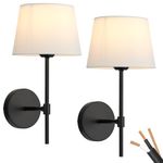 PASSICA Decor Hardwired Wall Sconces Set of 2, Industrial Indoor Wall Light Fixtures Farmhouse Black Sconce Modern Wall Lamp with White Fabric for Bedroom Bathroom Vanity Dining Room Living Room Light